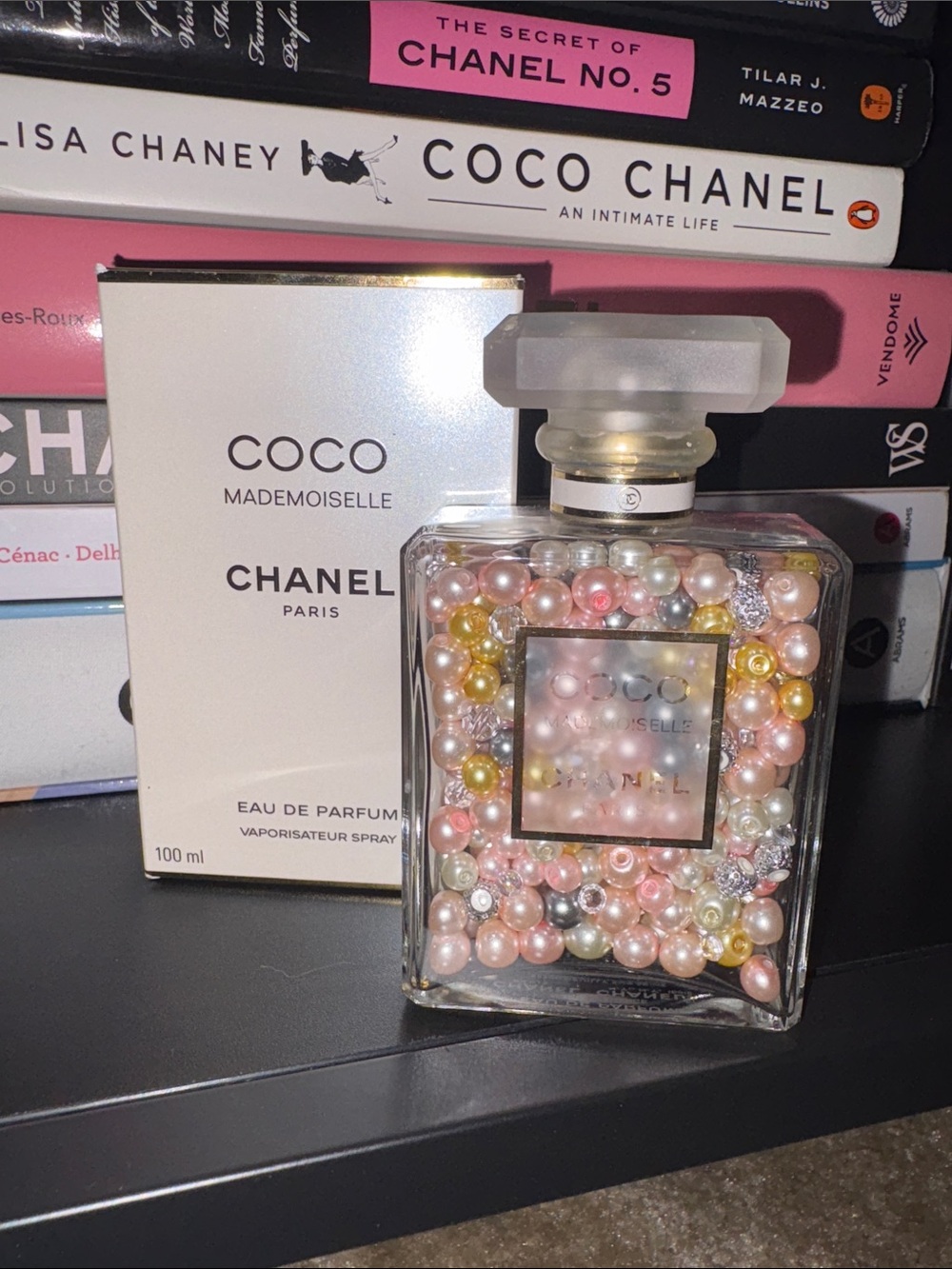 CHANEL Coco Mademoiselle Bottle Filled with Pastel Pearls
